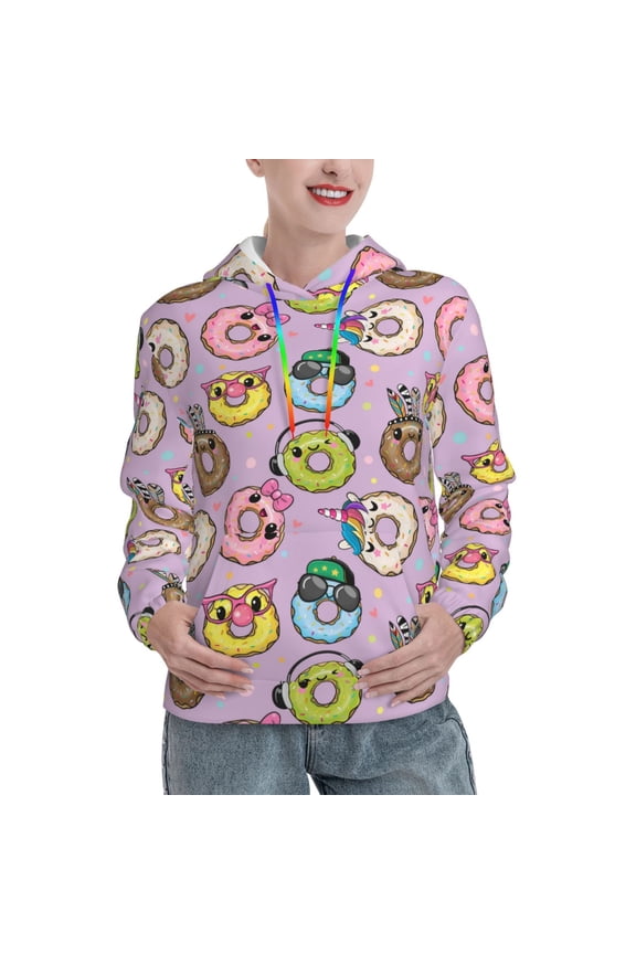 Cartoon Donuts Print Womens Oversized Hoodies Sweatshirts Hooded Pullover Tops Sweaters Casual-Large