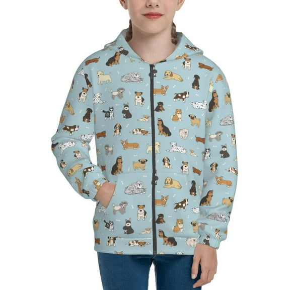 Kdxio Cartoon Doodle Puppy Pattern Kids Boys Girls Zip Up Hoodie 3D Printed Hooded Sweatshirt Hoody Coat with Pocket 7-12 Y-Small