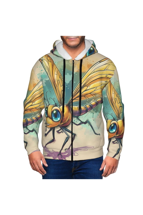 Cartoon Dragonfly Art Print Men Hoodies Casual Hoodies for Men with Zip Pockets Full Zip Long Sleeve Sweatshirt Sports Hooded Jacket-Small