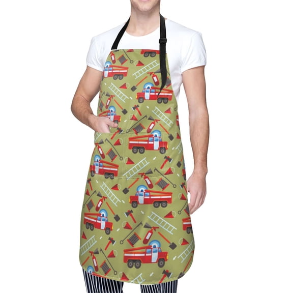 Kdxio Cartoon Fire Truck Apron with Pockets Adjustable Kitchen Aprons for Men Women Waterproof Aprons for Cooking,Drawing,Crafting, Baking Household Cleaning