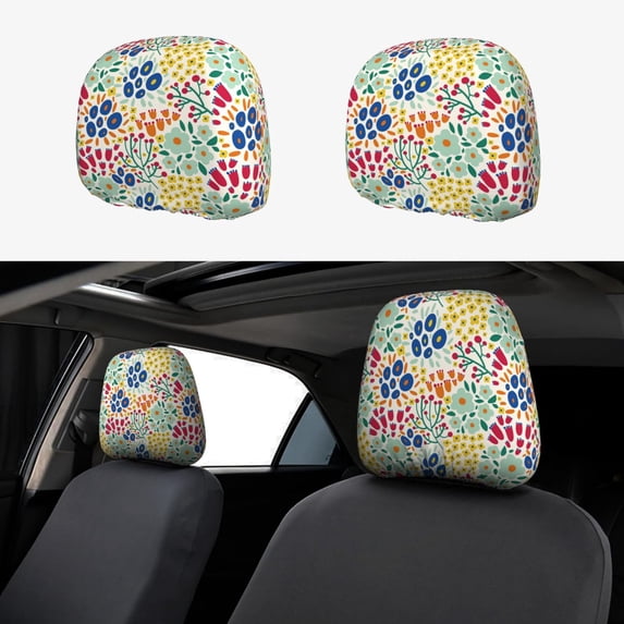 Kdxio Cartoon Flowers Pattern Print 2 Piece Car Head Rest Covers Set Auto Front/Rear Seats Headrest Cover Universal Fit Most Cars,Sedan, SUV