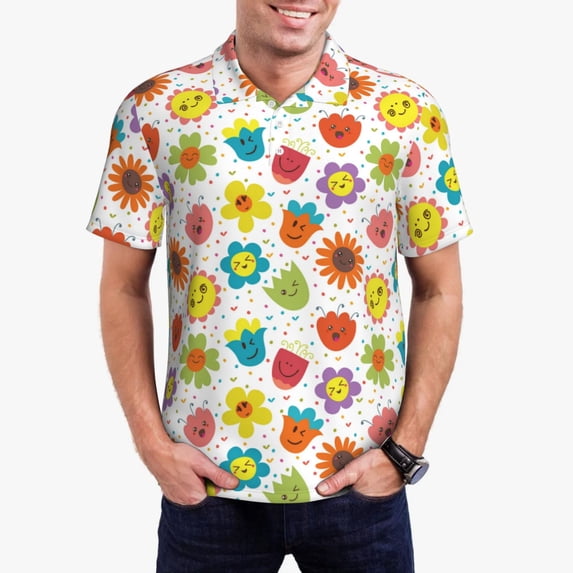 Kdxio Cartoon Flowers Print Men's Short Sleeve Polo Shirt,Midweight Men's Shirt