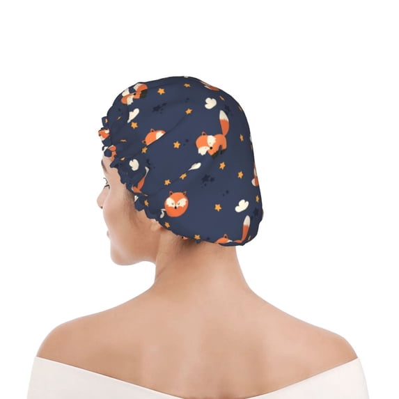 Kdxio Cartoon Fox Print Shower Cap for Women,Elastic and Reusable,Double Waterproof Layers Bathing Hat