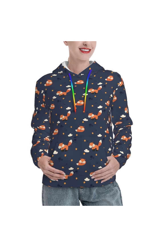 Cartoon Fox Print Womens Oversized Hoodies Sweatshirts Hooded Pullover Tops Sweaters Casual-Medium