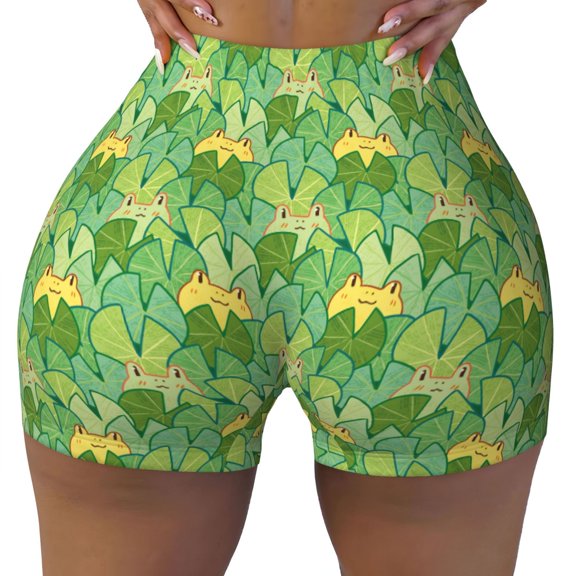 Kdxio Cartoon Frog And Lotus Leaf Print Workout Shorts for Women Seamless Soft Smooth Gym Yoga Scrunch Active Shorts