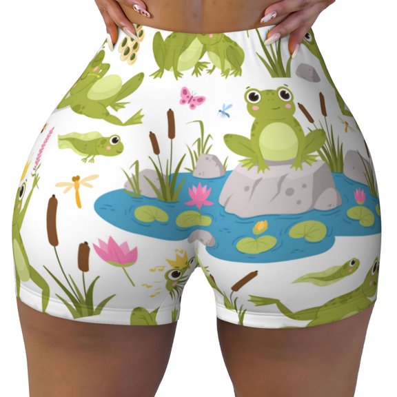 Kdxio Cartoon Frogs Print Workout Shorts for Women Seamless Soft Smooth Gym Yoga Scrunch Active Shorts