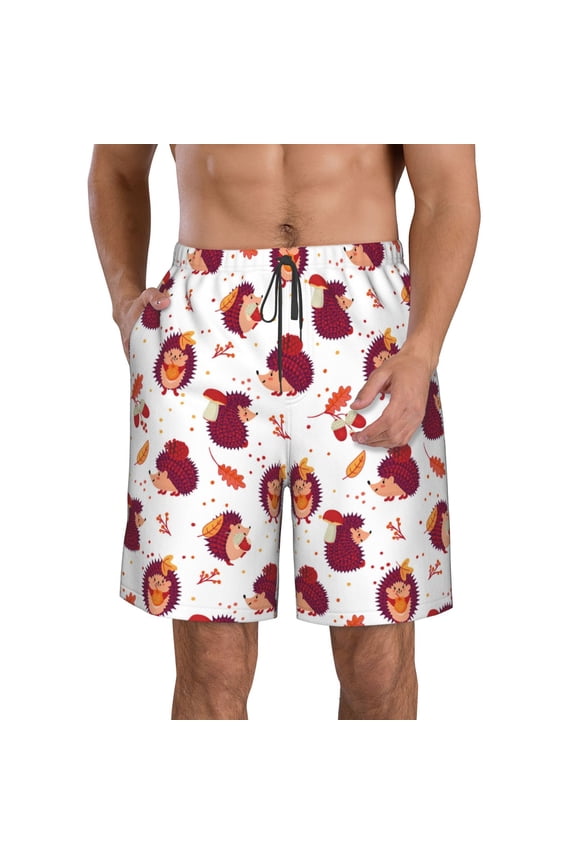 Cartoon Hedgehogs Pattern Mens Casual Shorts - Drawstring Summer Beach Sports Shorts for Men