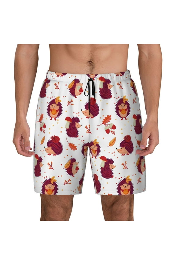 Cartoon Hedgehogs Print Men's Swim Trunks with Compression Liner 7 Inch Inseam Quick Dry Swim Shorts