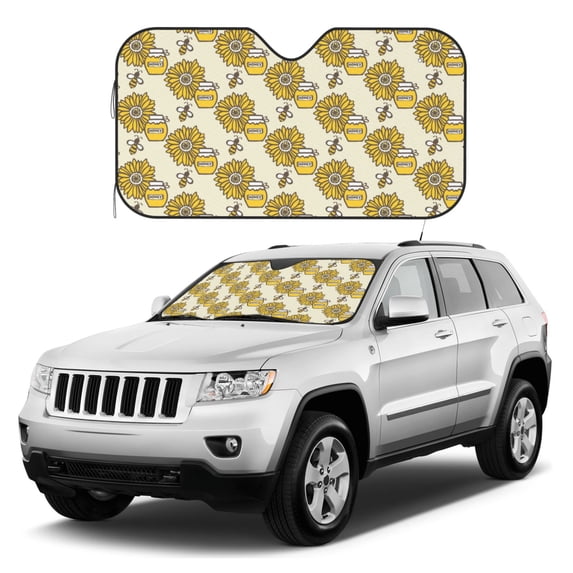 Kdxio Cartoon Honey Pot Bee Sunflower Print Windshield Sun Shade, Foldable Sun Blocker for Car,Truck,SUV Automotive Interior Sun Protection,Reflective Shade for Front Windshield(Medium)