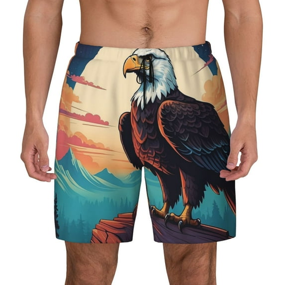 Kdxio Cartoon Iceberg Bald Eagle Print Men's Swim Trunks with Compression Liner 7 Inch Inseam Quick Dry Swim Shorts