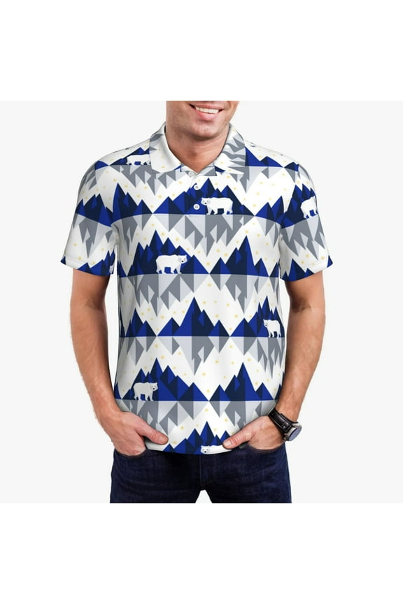 Cartoon Iceberg Polar Bear Print Men's Short Sleeve Polo Shirt,Midweight Men's Shirt-Large