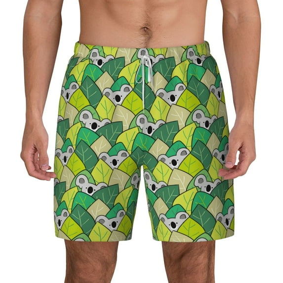 Kdxio Cartoon Koala Bear And Leaf Print Men'S Swim Trunks With Compression Liner 7 Inch Inseam Quick Dry Swim Shorts