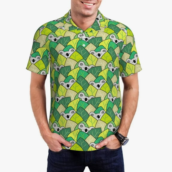 Kdxio Cartoon Koala Bear and Leaf Print Men's Short Sleeve Polo Shirt,Midweight Men's Shirt