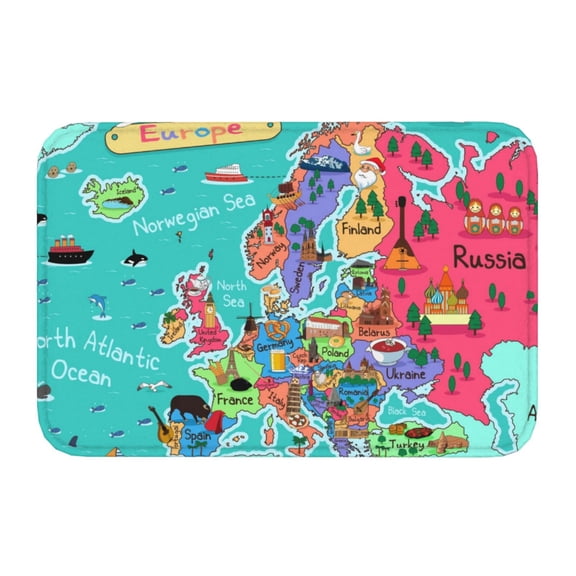 Kdxio Cartoon Map Of Europe,16" x 24", Non-Slip Front Door Mats,Outdoor Welcome Mat Washable