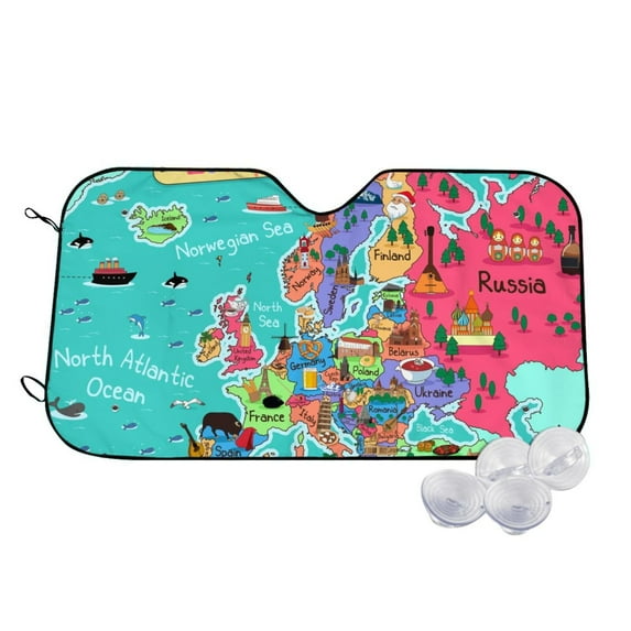 Kdxio Cartoon Map Of Europe Print Windshield Sun Shade,UV Rays and Sun Heat Protection,Sunshade for Car Windshield,Car Shade Front Windshield - Small