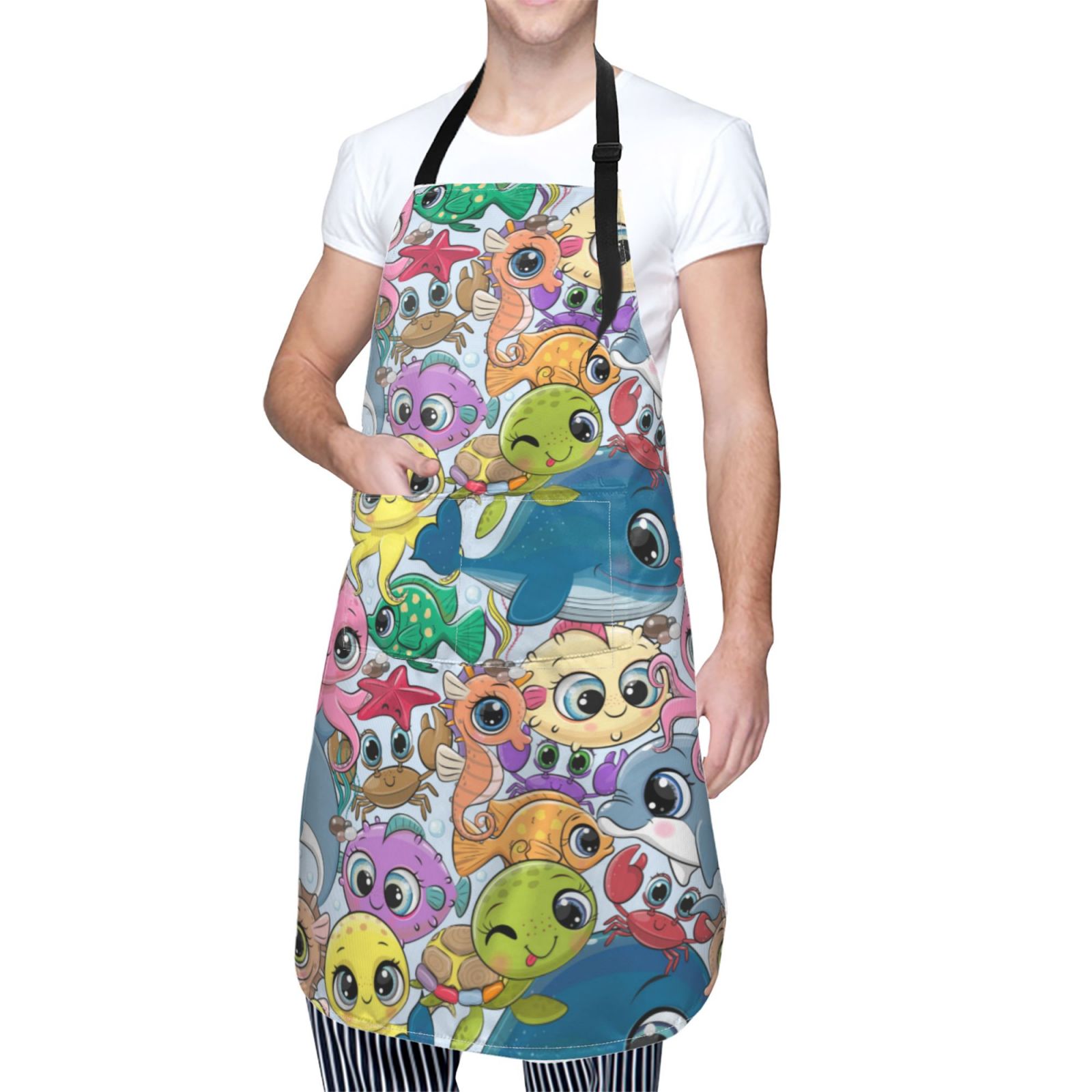 Kdxio Cartoon Marine Animals Apron with Pockets Adjustable Kitchen Aprons for Men Women Waterproof Aprons for Cooking,Drawing,Crafting, Baking Household Cleaning