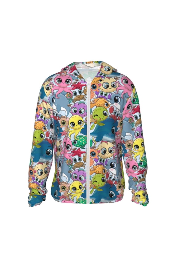 Cartoon Marine Animals Print Women Men Sun Protection UPF 50+ Jackets Zip Up Long Sleeve Hoodie Hiking Lightweight with Pockets