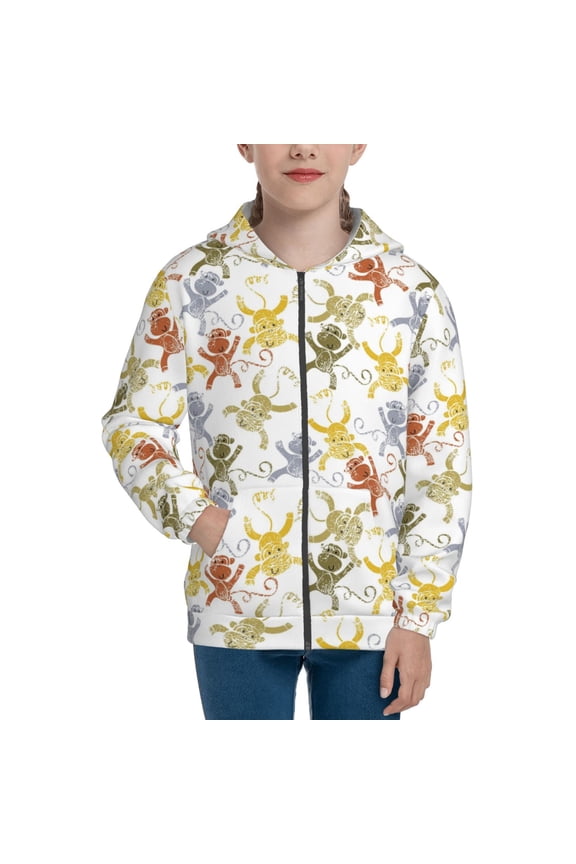 Cartoon Monkey Pattern Kids Boys Girls Zip Up Hoodie 3D Printed Hooded Sweatshirt Hoody Coat with Pocket 7-12 Y-Medium