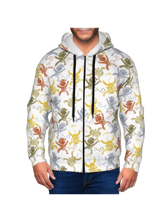 Cartoon Monkey Print Men Hoodies Casual Hoodies for Men with Zip Pockets Full Zip Long Sleeve Sweatshirt Sports Hooded Jacket-Small