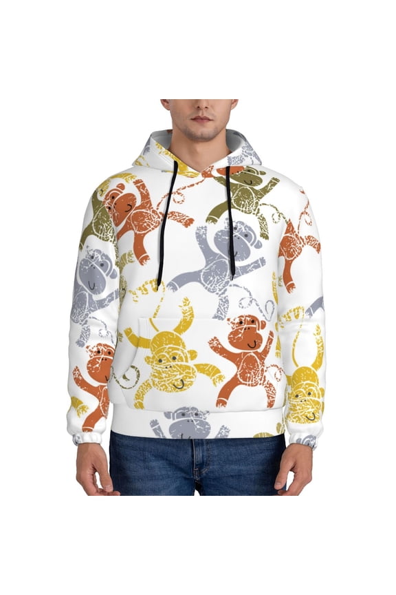 Cartoon Monkey Print Mens Casual Hooded Collar Drawstring Hoodies Pullover Sweatshirts Casual Long Sleeve Shirts-