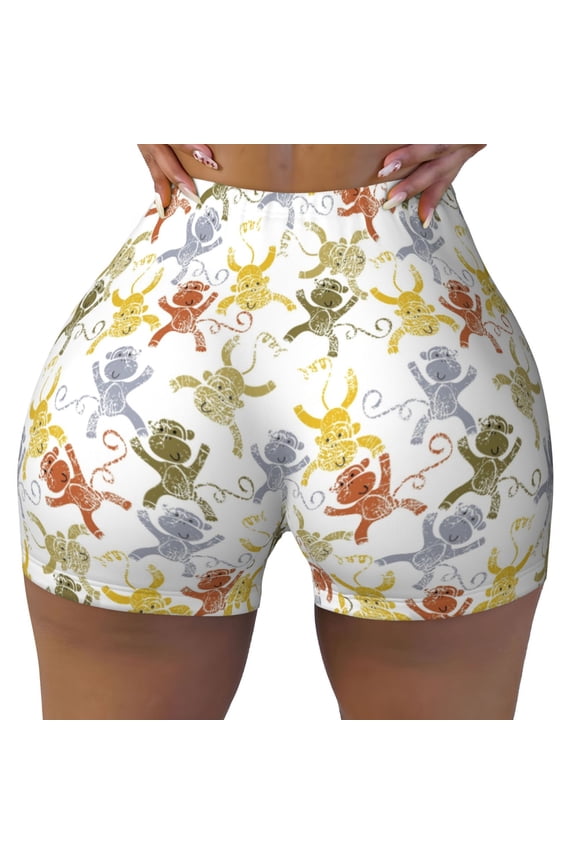 Cartoon Monkey Print Workout Shorts for Women Seamless Soft Smooth Gym Yoga Scrunch Active Shorts
