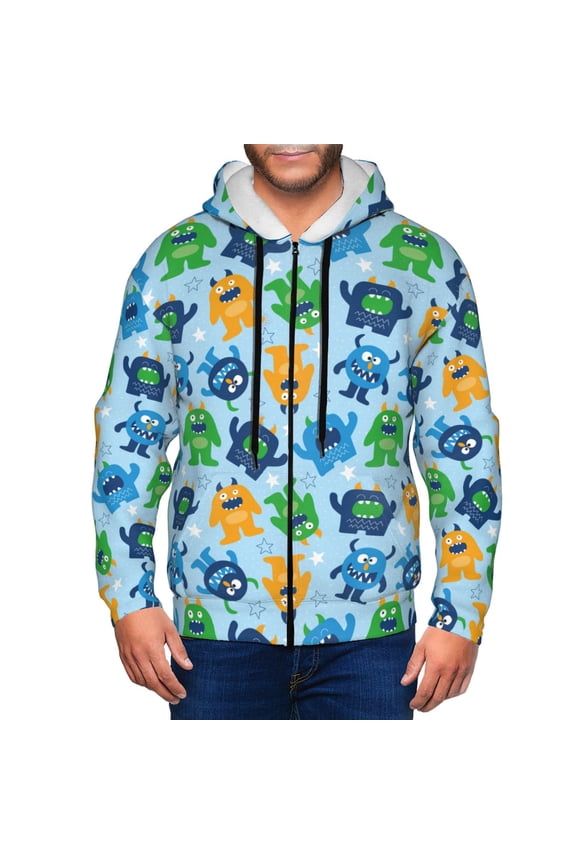 Cartoon Monster Print Men Hoodies Casual Hoodies for Men with Zip Pockets Full Zip Long Sleeve Sweatshirt Sports Hooded Jacket-3X-Large