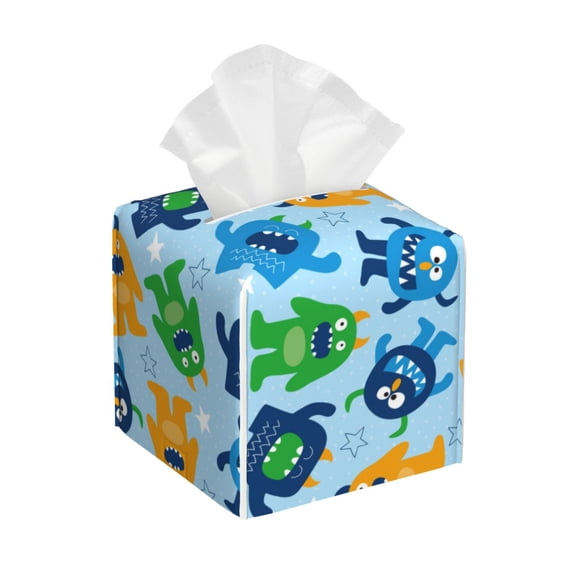 Kdxio Cartoon Monster Print Tissue Box Cover,Square Decorative PU Leather Facial Paper Case Organizer Holder Dispenser for Bathroom,Night Stands,Desk,Car 5.2''X5.2''X5.2''