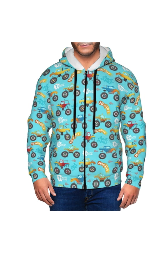 Cartoon Monster Truck Print Men Hoodies Casual Hoodies for Men with Zip Pockets Full Zip Long Sleeve Sweatshirt Sports Hooded Jacket-3X-Large