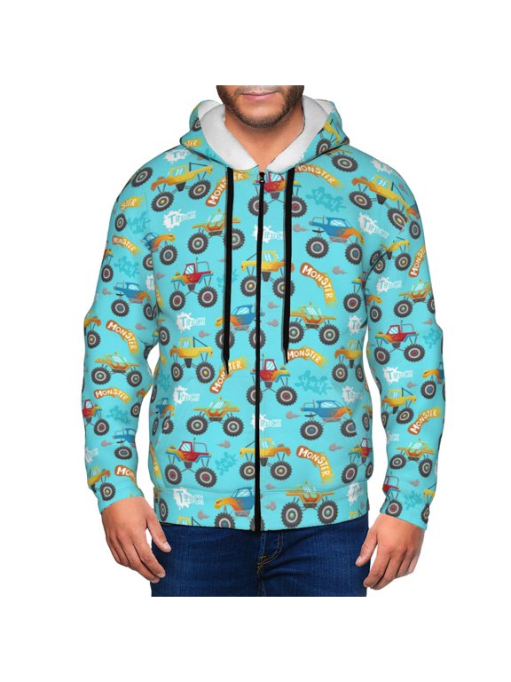 Cartoon Monster Truck Print Men Hoodies Casual Hoodies for Men with Zip Pockets Full Zip Long Sleeve Sweatshirt Sports Hooded Jacket-Medium