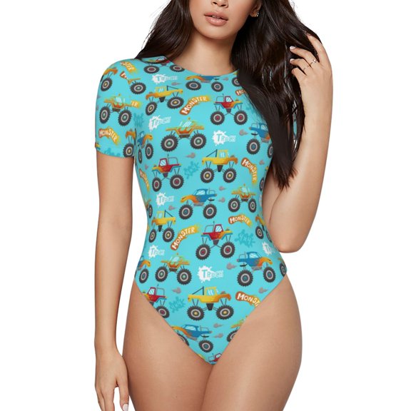 Kdxio Cartoon Monster Truck for Women's Short-Sleeved Onesie Stylish Round Neck Pajamas Bodysuit Jumpsuit Nightwear-Large