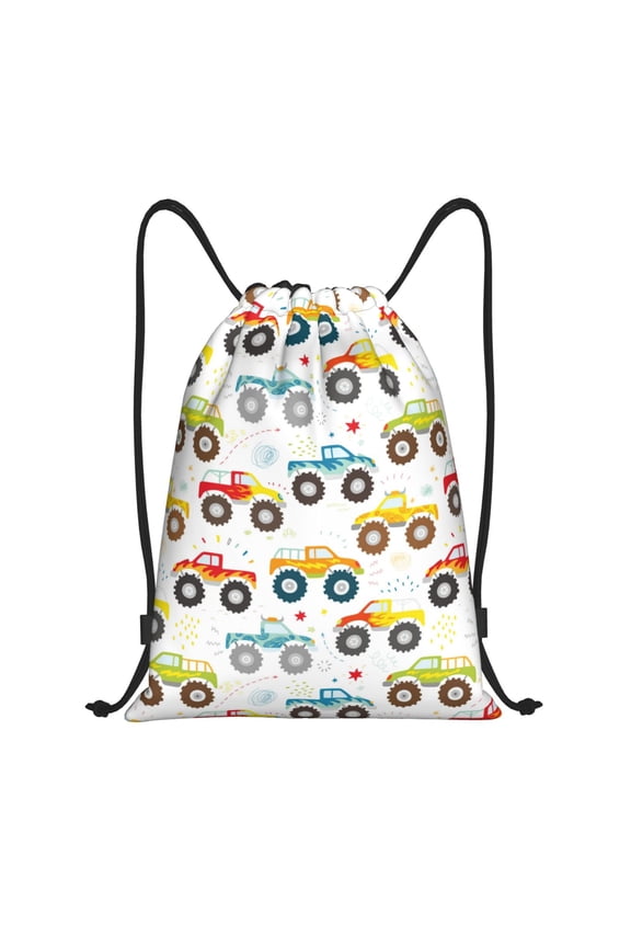 Cartoon Monster Trucks Print Drawstring Backpack Bag,Waterproof Draw String Back Sack, Gym Drawstring Bags Swim Bag For Unisex