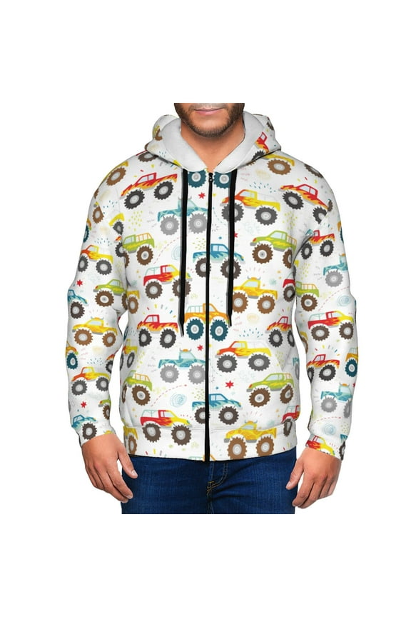 Cartoon Monster Trucks Print Men Hoodies Casual Hoodies for Men with Zip Pockets Full Zip Long Sleeve Sweatshirt Sports Hooded Jacket-Small