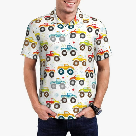 Kdxio Cartoon Monster Trucks Print Men's Short Sleeve Polo Shirt,Midweight Men's Shirt
