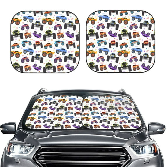 Kdxio Cartoon Monster Trucks1 Print 2-Piece Sun Shade Front Windshield - Foldable Car Front Window Sunshades For Most Sedans Suv Truck