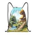 thumbnail image 1 of Kdxio Cartoon Mushroom House Print Drawstring Backpack Bag,Waterproof Draw String Back Sack, Gym Drawstring Bags Swim Bag For Unisex, 1 of 5