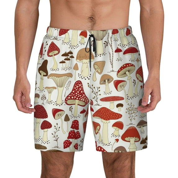 Kdxio Cartoon Mushrooms Print Men'S Swim Trunks With Compression Liner 7 Inch Inseam Quick Dry Swim Shorts