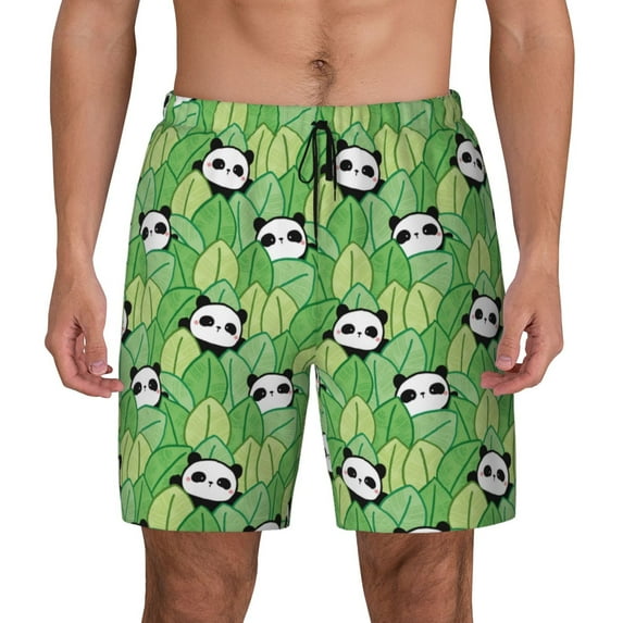 Kdxio Cartoon Panda And Leaf 1 Print Men's Swim Trunks with Compression Liner 7 Inch Inseam Quick Dry Swim Shorts