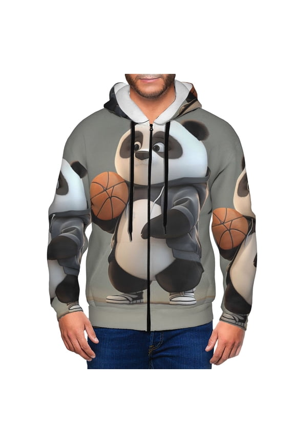 Cartoon Pandas Basketball Print Men Hoodies Casual Hoodies for Men with Zip Pockets Full Zip Long Sleeve Sweatshirt Sports Hooded Jacket-3X-Large