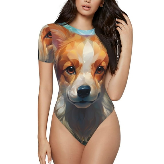 Kdxio Cartoon Pattern Corgi for Women's Short-Sleeved Onesie Stylish Round Neck Pajamas Bodysuit Jumpsuit Nightwear-XX-Large