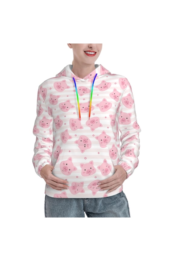 Cartoon Pig Print Womens Oversized Hoodies Sweatshirts Hooded Pullover Tops Sweaters Casual-XX-Large