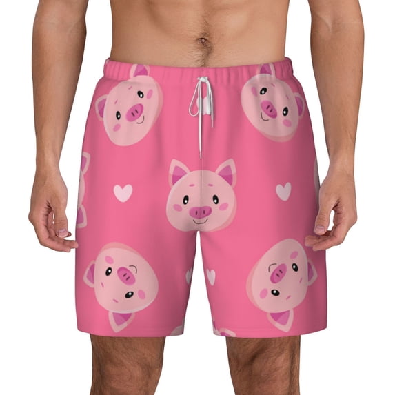 Kdxio Cartoon Pigs And Hearts Print Men'S Swim Trunks With Compression Liner 7 Inch Inseam Quick Dry Swim Shorts