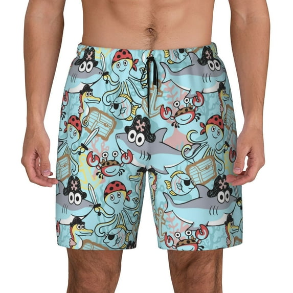 Kdxio Cartoon Pirate Print Men's Swim Trunks with Compression Liner 7 Inch Inseam Quick Dry Swim Shorts