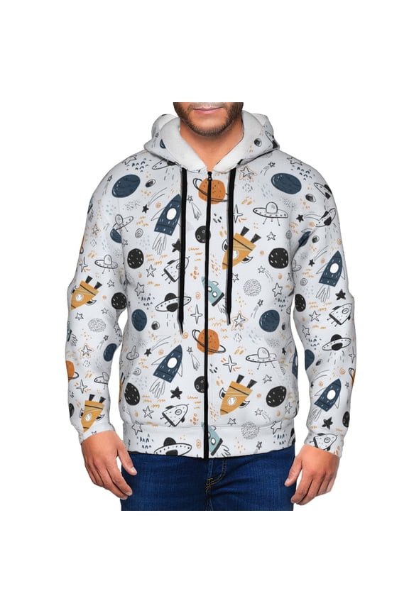 Cartoon Planets Print Men Hoodies Casual Hoodies for Men with Zip Pockets Full Zip Long Sleeve Sweatshirt Sports Hooded Jacket-XX-Large