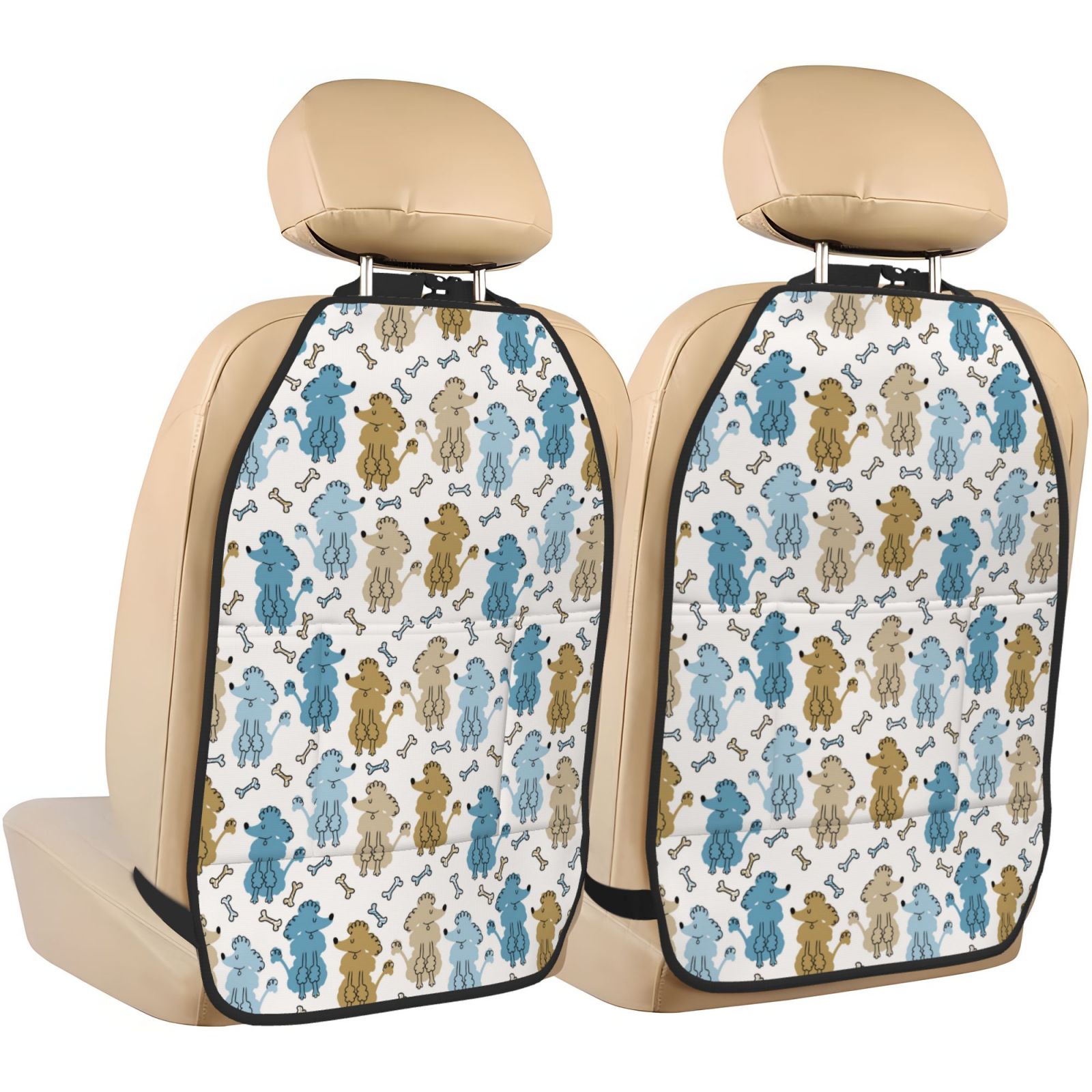 Kdxio Cartoon Poodle Dog Print 2 Pack Car Kick Mat Seat Cover Back Protector Mat with Pockets for Organizer Backseat Protector and Storage Anti Kick Pad for Vehicles