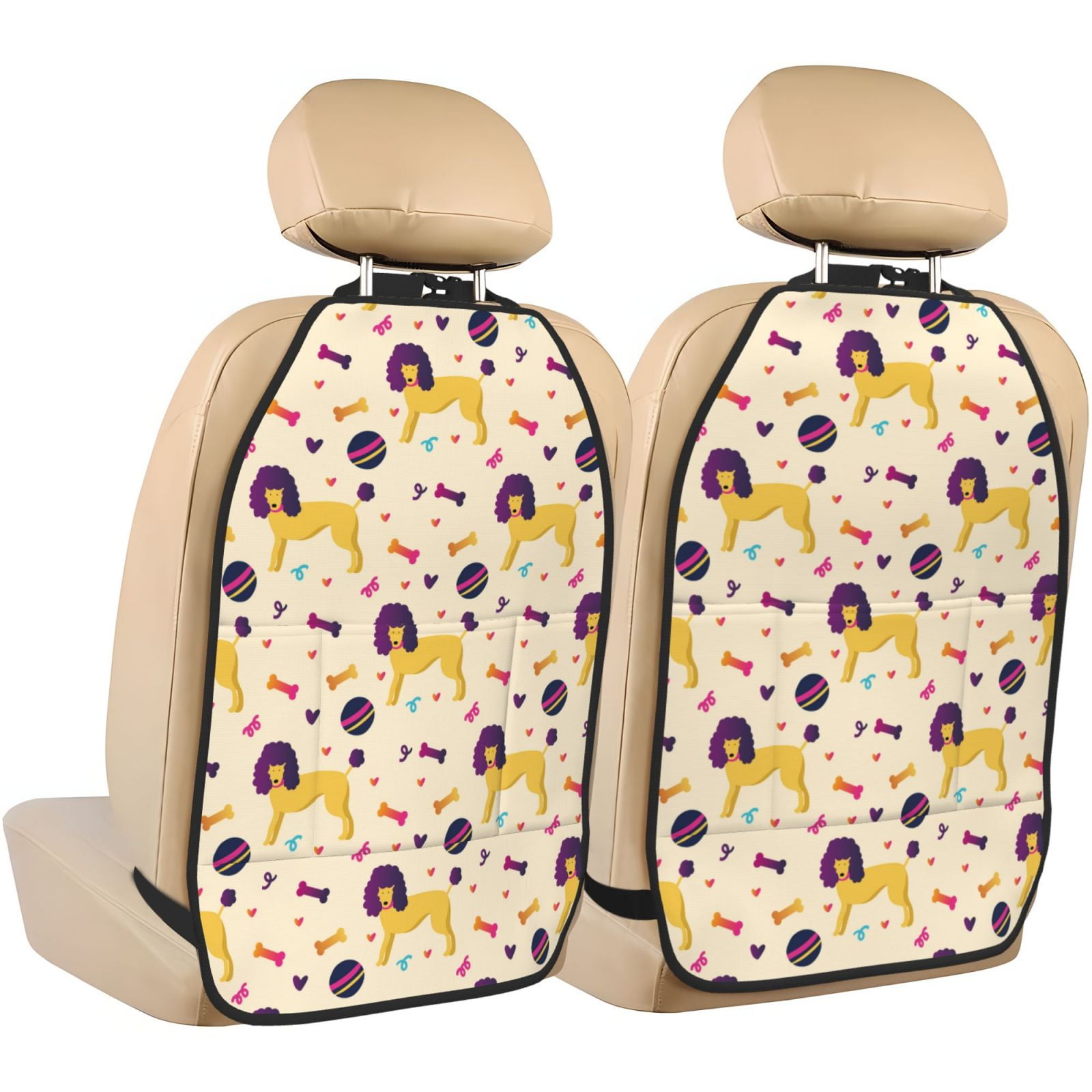 Kdxio Cartoon Poodle Dog Print 2 Pack Car Kick Mat Seat Cover Back Protector Mat with Pockets for Organizer Backseat Protector and Storage Anti Kick Pad for Vehicles