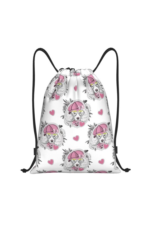 Cartoon Poodle Dog Print Drawstring Backpack Bag,Waterproof Draw String Back Sack, Gym Drawstring Bags Swim Bag For Unisex