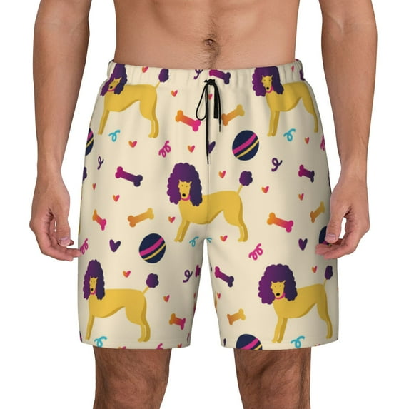 Kdxio Cartoon Poodle Dog Print Men's Swim Trunks with Compression Liner 7 Inch Inseam Quick Dry Swim Shorts