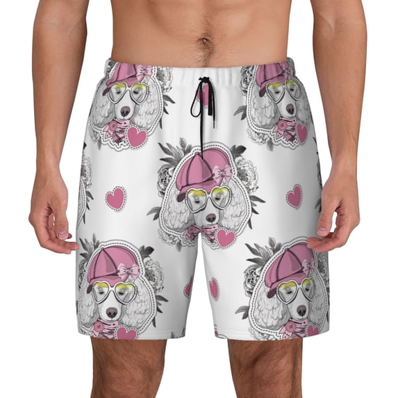 Kdxio Cartoon Poodle Dog Print Men's Swim Trunks with Compression Liner 7 Inch Inseam Quick Dry Swim Shorts