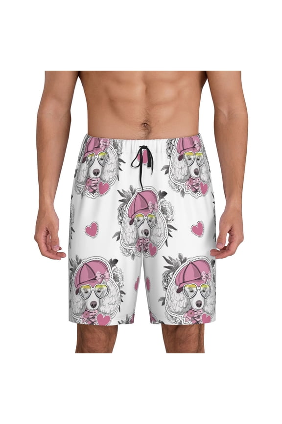 Cartoon Poodle Dog Print Mens Sleep Shorts Bottoms Soft Comfy Pajama Wear Pants with Drawstring Pockets