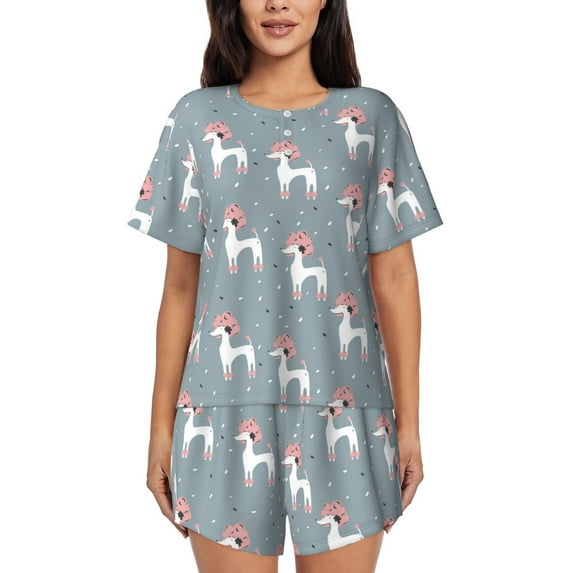 Kdxio Cartoon Poodle Dog Print Pajamas Sets for Women Short-Sleeved Pjs with Lounge Shorts Two Piece Sleepwear S-4XL
